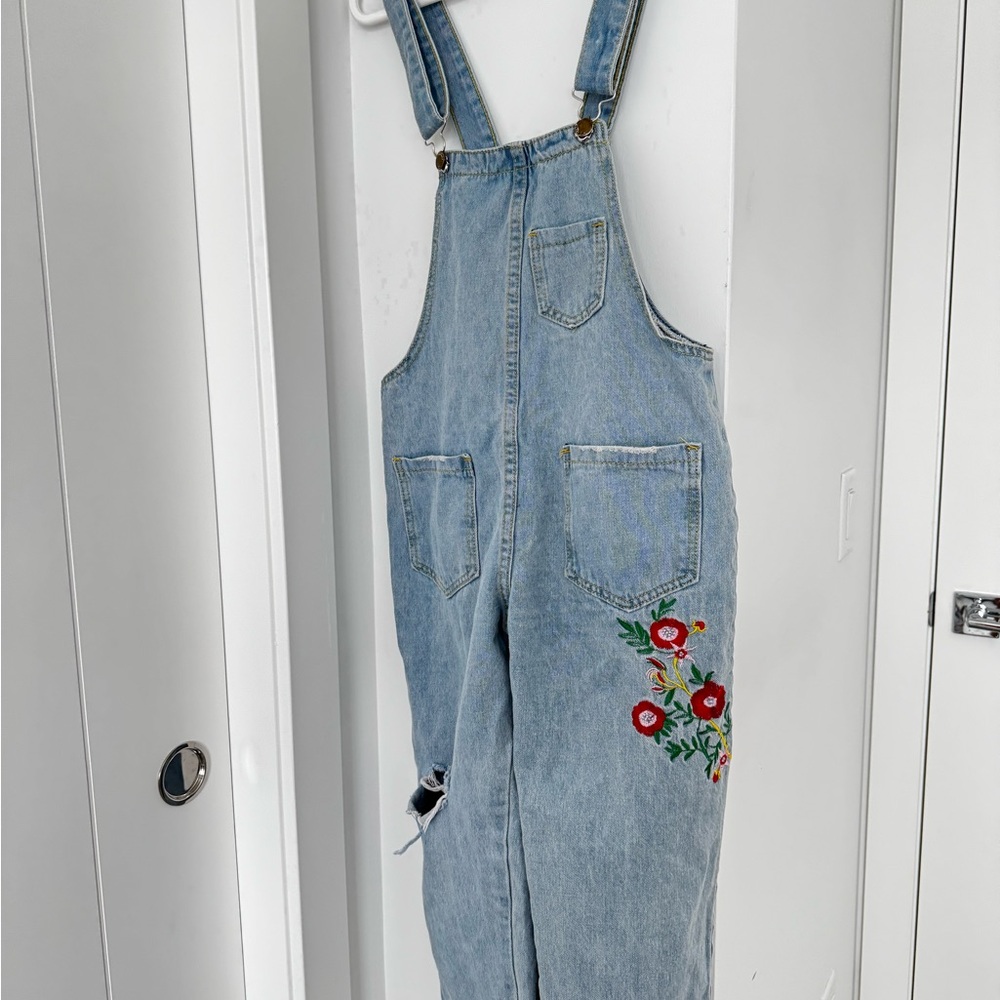 Denim Overalls with Floral Embroidery